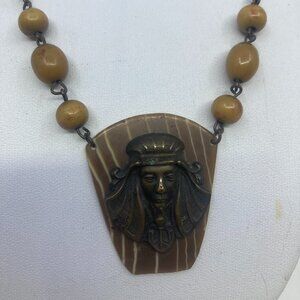 Antique 1920 art deco celluloid Egyptian Cleopatra pendant chain necklace